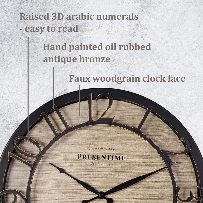 Presentime & Co 13" Farmhouse Series Wall Clock, Quartz Movement, Shiplap Style,Raised 3D Arabic Numeral, Oil Rubbed Bronze - Image 3